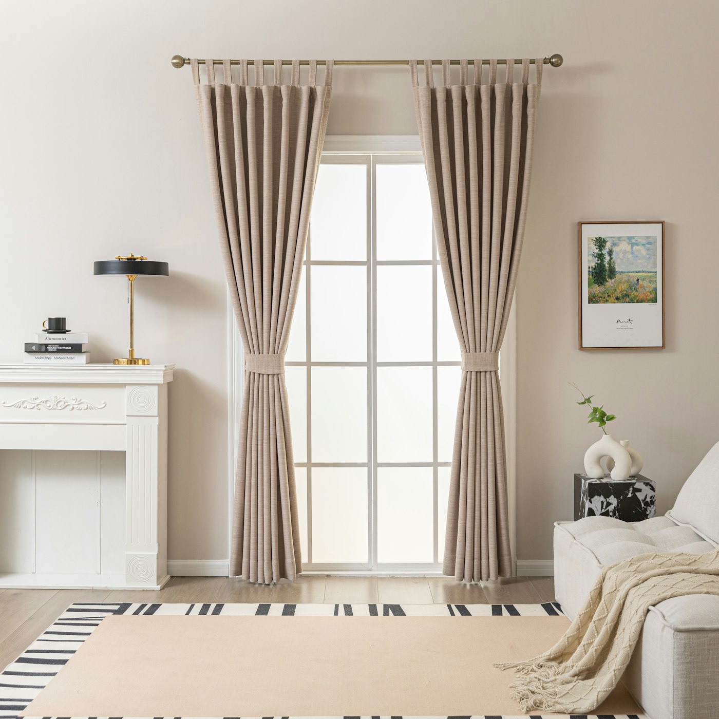 Neutral curtains with measurement labels for width and length